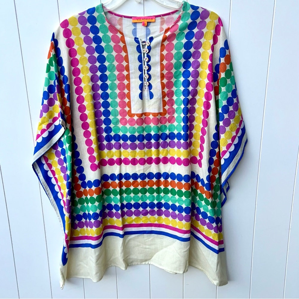 Vilagallo Womens Rainbow Dot Multicolor Poncho Coverup 100% Cotton Size 8 (40)